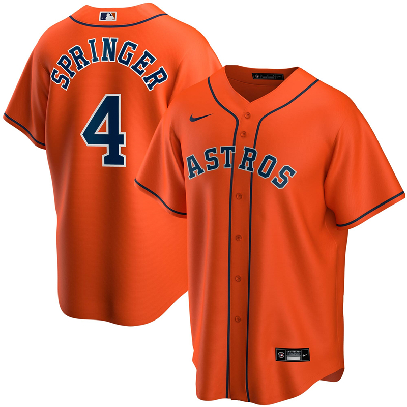2020 MLB Men Houston Astros 4 George Springer Nike Orange Alternate 2020 Replica Player Jersey 1